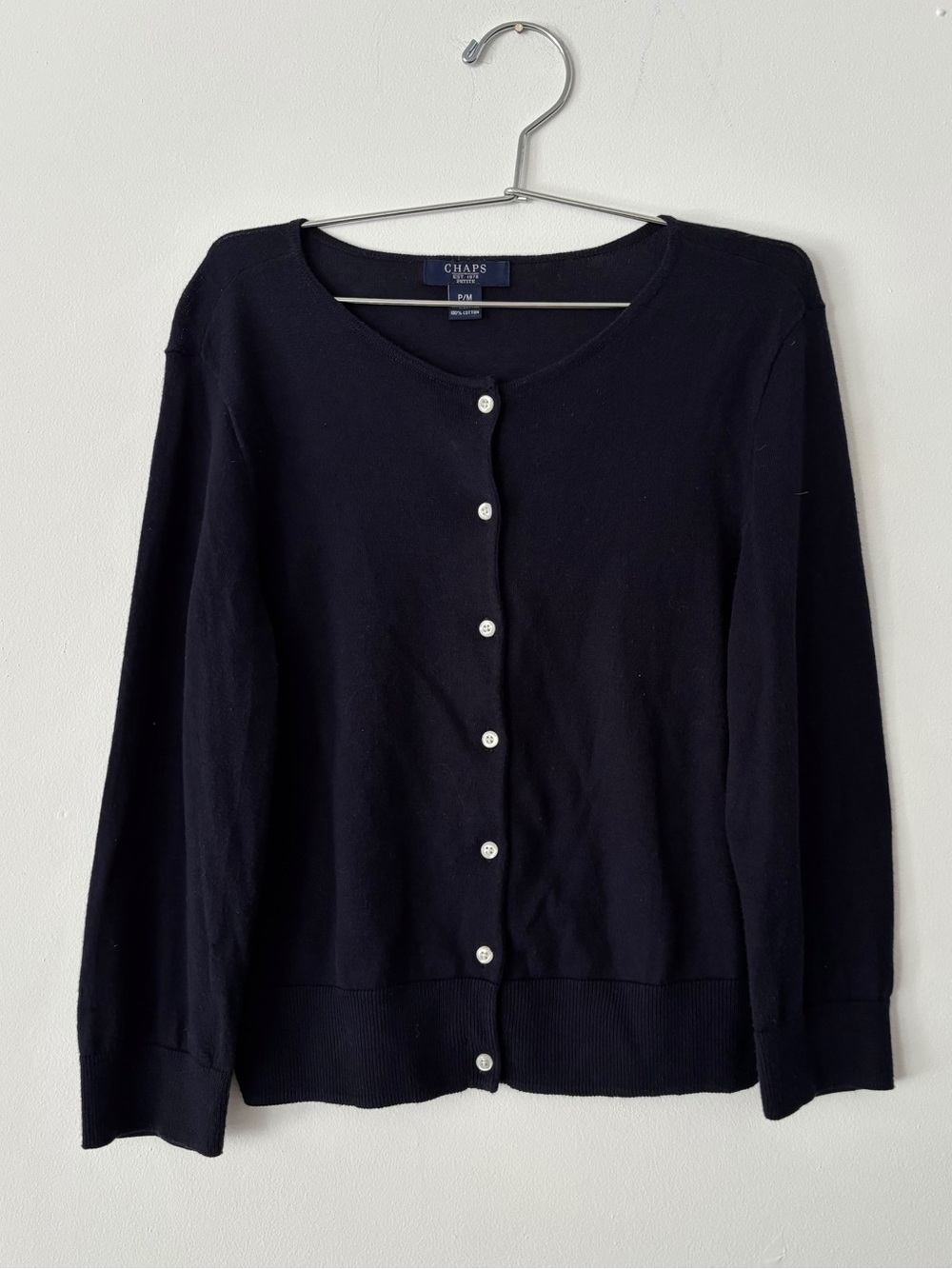 Chaps Petite Womens P/M Navy Blue 100% Cotton Button Front Cardigan Sweater